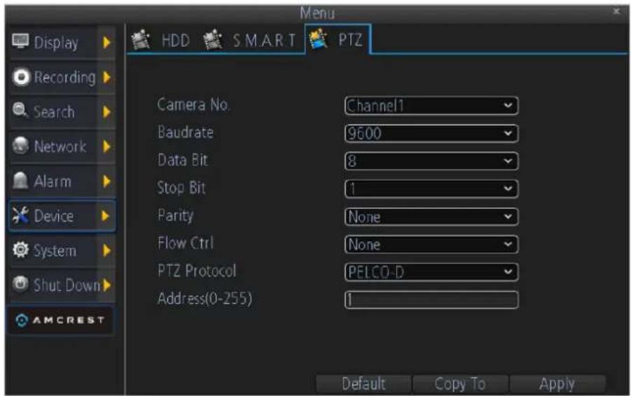 Amcrest AMDV960H8 - Configuring PTZ Settings - 1