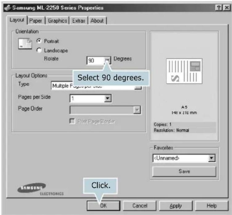 SAMSUNG ML-2251N - From the Orientation option of the Layout tab, set the Rotate option to 90°. - 1