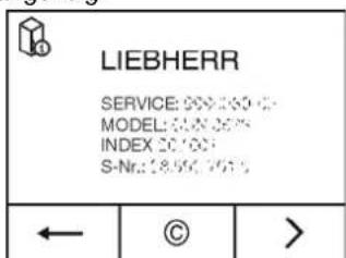 LIEBHERR Kief 4330 Comfort - Gerätebezeichnung (Model und Index), Service-Nr. (Service), Serial-Nr. (S-Nr.) sowie erweiterte Funktionen über den Bildschirm abrufen: - 2