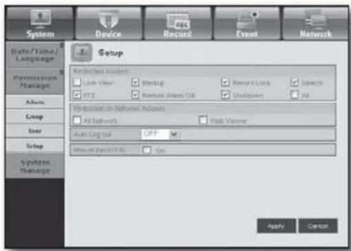 System Device Record Event Network Date/Time/ Language Setup Parameters Manage Access Group User Setup System Manage Required Account Live User Backup Record Lock Search RTZ Backup Address Out Shutdown All Disposition on Network Adapters All Network Web Viewer Auto Log Out OFF Manual Print In All Use Apply Cancel