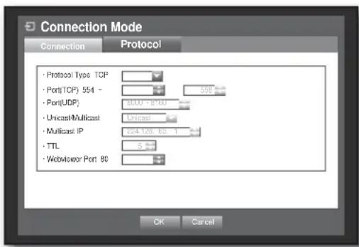 Connection Mode Connection Protocol - Protocol Type TCP - Port(TCP) 554 - - Port(UDP) - Unicast/Multicast Unicast - Multicast IP 264.128, 65 1 - TTL 5.50 - Web Fiji Port 80 OK Cancel