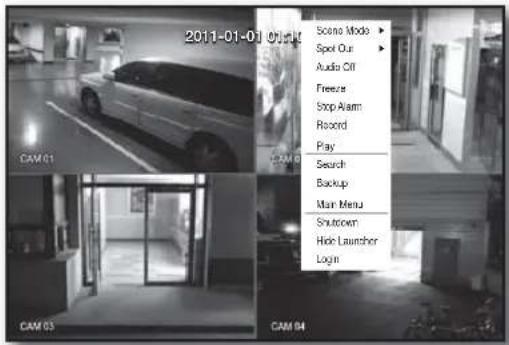 2011-01-01 09:54 Scene Mode Spot Our Audio Off Freeze Stop Alarm Record Play Search Backup Main Menu Shutdown Hide Launcher Login CAM 01 CAM 03 CAM 04