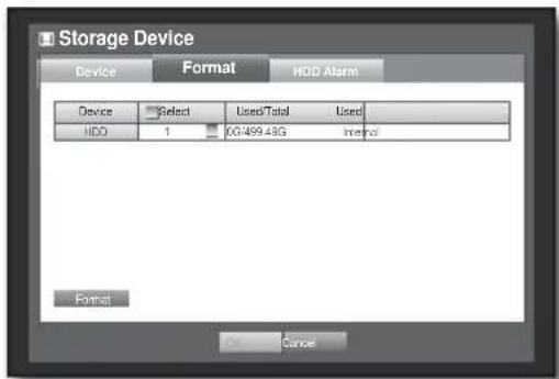 Storage Device Device Format HDD Alarm Device Select Used/Total Used HDD 1 0G/499.43G Inertel Format On Cancel