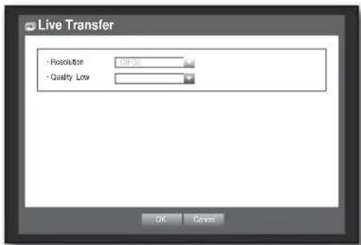 Live Transfer · Resolution: GIFPSI · Quality Low: OK Cancel