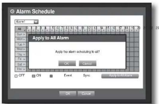 Alarm Schedule Alarm1 All Sun > Mon > Tue > Wed > Thu > Fri > Set > Hot Apply to All Alarm Apply the alarm scheduling to all? OK Cancel CFF ON Event Sync Apply to All Alarm OK Cancel
