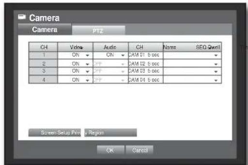 Camera Camera PTZ CH Video Audio CH None SEQ Swell 1 ON ▼ CN ▼ CAM 01 5 sec ▼ 2 ON ▼ ▼ ▼ CAM 02 5 sec ▼ 3 ON ▼ ▼ ▼ CAM 03 5 sec ▼ 4 ON ▼ ▼ ▼ CAM 04 5 sec ▼ Screen Setup Price Region OK Cancel