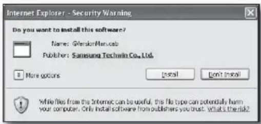 Internet Explorer - Security Warning Do you want to install this software? Name: GlerionManvab Publisher: Samsung Techwin Co., Ltd. 8 More options Install Don't Install While files from the Internet can be useful, this file type can potentially harm your computer. Only install software from publishers you trust. What's the risk?