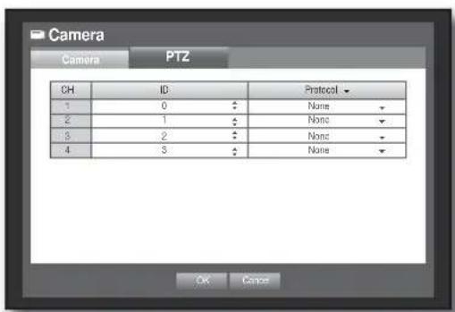 Camera PTZ CH ID Protocol 1 0 None 2 1 None 3 2 None 4 3 None OK Cancel
