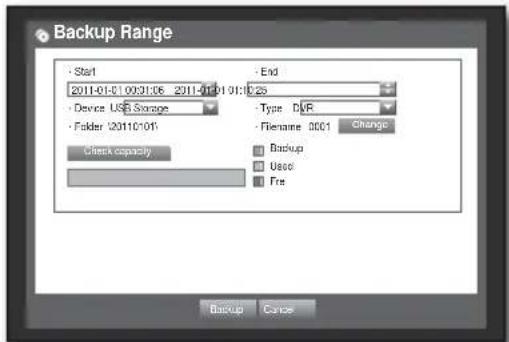 Backup Range Start 2011-01-01 00:31:06 2011-01-01 01:05 Device US$ Storage Folder 20110:01 Check capacity End Type DVR Filename 0001 Change Backup Useo Fts Backup Cancel