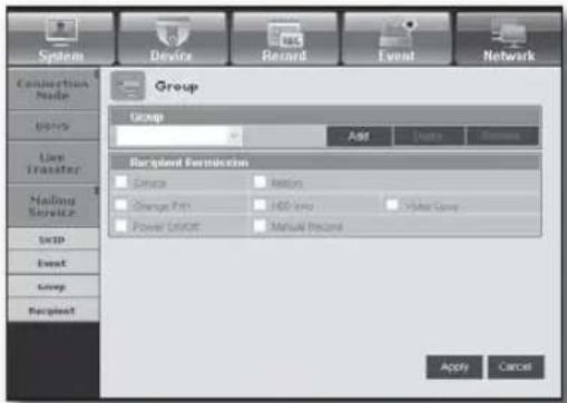 System Device Record Event Network Connection Node Groups Live Transfer Routing Service SMD Event Group Recipient Group Add Remove Backyard Construction Device Motion Change Print ADD Write Video Group Power On/OCT Manual Record Apply Cancel