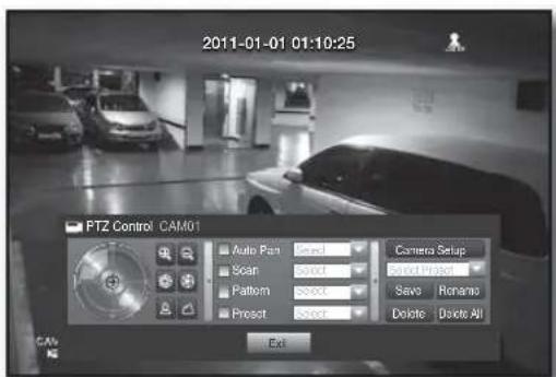 2011-01-01 01:10:25 PTZ Control CAM01 Auto Pair Select Camera Setup Scan Select Select Project Pattern Select Save Renam Preset Select Delete Delete All Ex