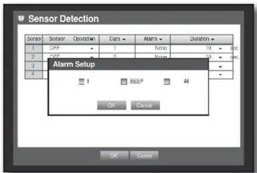 Sensor Detection Sensor Sensor Operation Cam Alarm Duration 1 OFF 1 None 10 800 2 OFF 2 None 10 900 3 4 Alarm Setup I BEEP AI OK Cancel OK Cancel