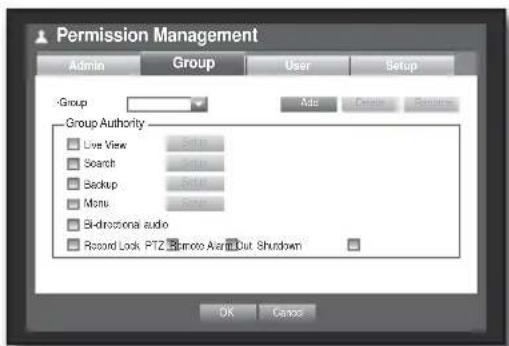 Permission Management Admin Group User Setup Group Add Remove Finish Group Authority Use View Search Backup Menu Sidrozzona audio Record Lock PTZ Panoto Alert Out Shutdown OK Cancel