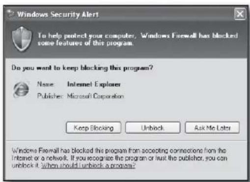 Windows Security Alert To help protect your computer, Windows Firewall has blocked some features of this program. Do you want to keep blocking this program? Name: Internet Explorer Publisher: Microsoft Corporation Keep Blocking Unblock Ask Me Later Windows Firewall has blocked this program from accepting connections from the Internet or a network. If you recognize the program or trust the publisher, you can unlock it. When should Unblock a program?