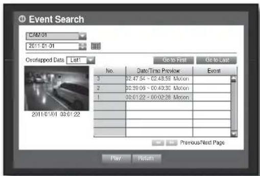 Event Search CAM 01 2011-01-31 Overlapped Data List* Go to First Go to Last No. Date/Time Preview Event 3 02:47:54 - 02:48:59 Motion 2 00:39:06 - 00:40:30 Motion 1 00:01:22 - 00:02:28 Motion Previous/Next Page Play Return