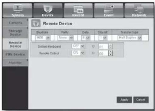 System Device Record Event Network Camera Storage Device Remote Device PON Device Parameters Remote Device Electrolle Patty Date Size bit Transfer type 9600 Name 8 bits 1 bit Half Disperser System Haddock OFF 0.01 Remote Control ON 0.00 Apply Cancel