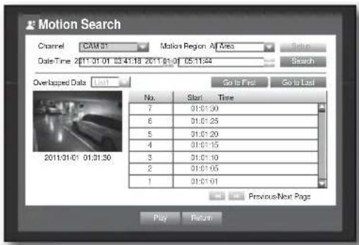 Motion Search Channel CAM 01 Motion Region Alf Area Date-Time 2011-01-01 03:41:18 2011-01-01 05:11:24 Search Overlapped Data List Go to First Go to Last No. Start Time 7 01:01:30 6 01:01:25 5 01:01:20 4 01:01:15 3 01:01:10 2 01:01:05 1 01:01:01 2011/01-01 01:31:30 Previous/Next Page Play Return