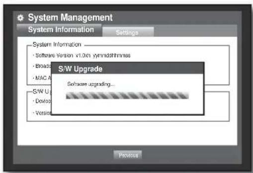 System Management System Information Settings System Information • Software Version v1.0xn yymmddthmmas • Broad • MAC A S/W Upgrade Software upgrading... • Device • Version Previous