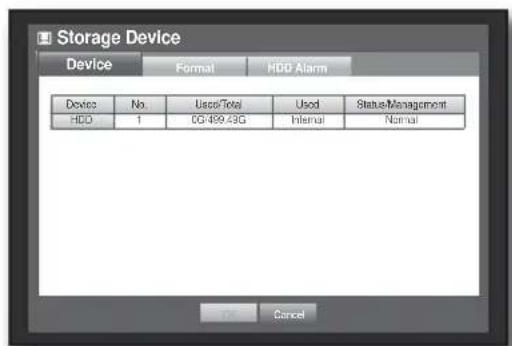Storage Device Device Format HDD Alarm Devices No. HDD 1 Users/Total CG-499.43G Used Internal Status/Management Normal OK Cancel
