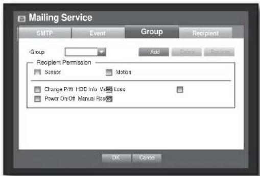 Mailing Service SMTP Event Group Recipient -Group Add Remove Delete Recipient Permission Sensor Motion Change P/W HDD Info Vcc Loss Power On/Off Manual Root OK Cancel