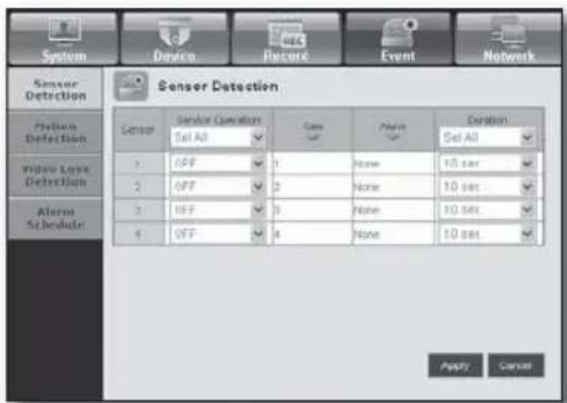 Sensor Detection Sensor Detection Sensor Operation Set All Case None Duration Set All 1 OFF 1 None 10 sec 2 OFF 2 None 10 sec 3 OFF 3 None 10 sec 4 OFF 4 None 10 sec Apply Cancel