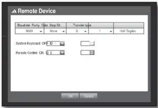Remote Device Baudrate Parity Data Stop Bit Transfer type 9600 None 8 1 Half Duplex System Keyboard OFF ID Remote Control ON ID OK Cancel