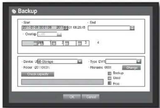 Backup Start 2011-01-01 00:01:05 2011/01-31 08:25:45 Overlap 444 1 2 3 4 Device USB Storage Folder 20110101: Check capacity End Type DVR Filename 0001 Change Backup Used Free OK Cancel