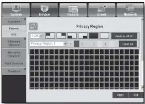 System Device Record Event Network Capture Actions PTZ Manage Device Remote Device POS Device Monitor Privacy Region 1 CM Apply to All Off Privacy Region 1 1 2 3 4 Clear All Apply Exit