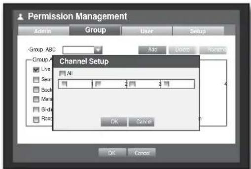 Permission Management Admin Group User Setup Group ABC Add Design Remarks Channel Setup All OK Cancel OK Cancel