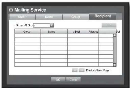 Mailing Service SMTP Event Group Recipient Group: All Group Add Group Name e-Mail Address Del Previous Next Page OK Cancel