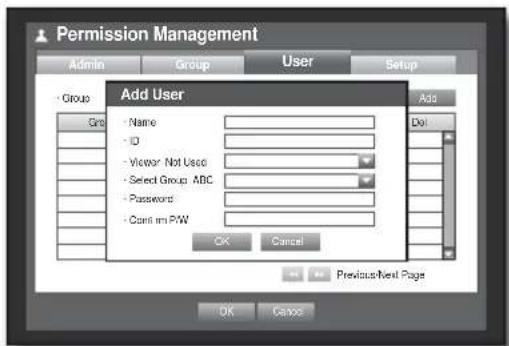 Permission Management Admin Group User Setup + Group Add User Name ID Visitor Not Used Select Group ABC Passwords Can't go PW Add Do OK Cancel Previous/Next Page OK Cancel