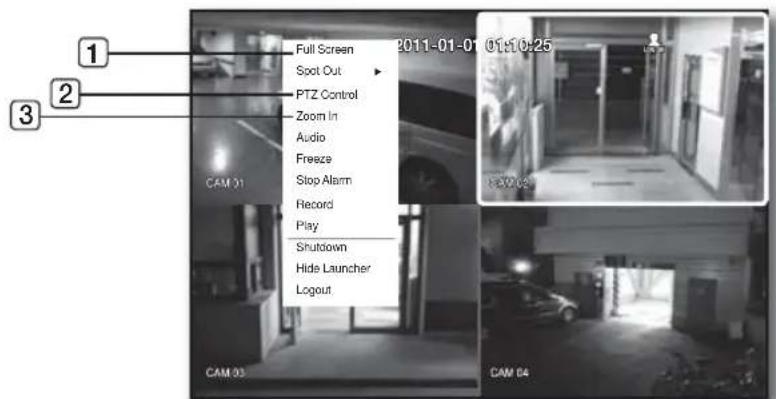 Full Screen Spot Out PTZ Control Zoom In Audio Freeze Stop Alarm Record Play Shutdown Hide Launcher Logout CAM 01 CAM 03 CAM 04 2011-01-01 01:50:25
