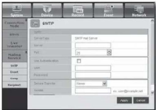System Device Record Event Network Construction Node SMTP Server Type SMTP net Server Server Port 25 Line Authentication User Password Secure Descriptor Flavon Service ex. user@example.net Apply Cancel