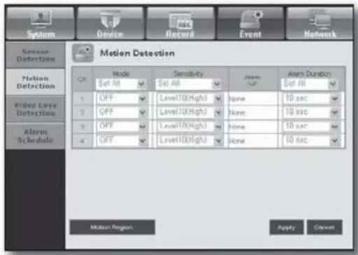 System Device Record Event Network Sensor Detection Motion Detection Motion Detection Video Core Detection Alarm Schedule Motion Detection Mode Set All Sensitivity Set All Alarm Set All 1 OFF Level(10/High) None 10 sec 2 OFF Level(10/High) None 10 sec 3 OFF Level(10/High) None 10 sec 4 OFF Level(10/High) None 10 sec Motion Region Apply Cancel