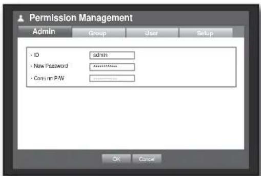 Permission Management Admin Group User Selup - ID adults - New Password ******** - Con:nn P/W ******** OK Cancel