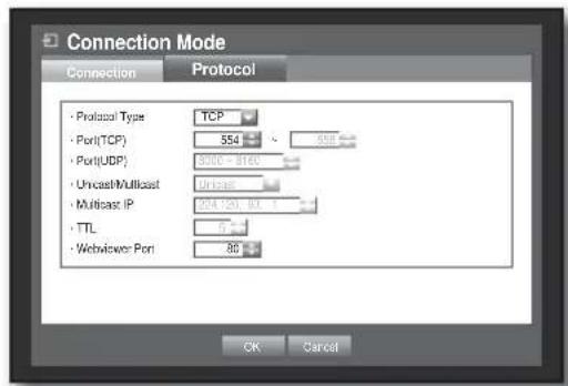 Connection Mode Connection Protocol - Protocol Type TCP - Port(TCP) 554 258 - Port(UDP) 300.00 - 1169 - Unicast/Multicast Unicast - Multicast IP 204.120 - 83.7 - TTL 0 - WebViewer Port 86 OK Cancel