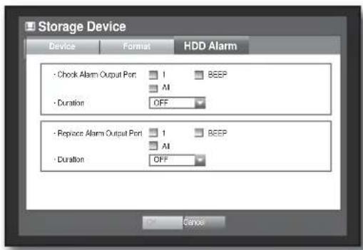 Storage Device Device Format HDD Alarm - Check Alarm Output Port 1 BEEP AI - Duration OFF - Replace Alarm Output Port 1 BEEP AI - Duration OFF Cancel