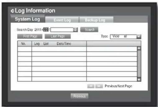 Log Information System Log Event Log Backup Log Search Day 2011-08-09 Search First Page Last Page Type View All No. Log List Data/Time Previous/Next Page Previous