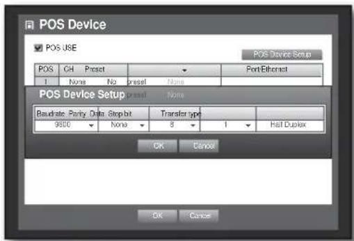 POS Device POS USE POS Device Setup POS CH Preset Port/Ethermost 1 None No Preset None POS Device Setup Baudratic Party Data Step bit Transfer type 9500 None 8 1 Half Duplex OK Cancel OK Cancel