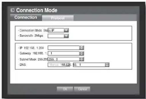 Connection Mode Connection Protocol - Connection Mode State IP - Bandwidth 2Mbps IP 192.168, 1,200 Gateway 192.168, 1 1 - Subnet Mask 255.255,255, 0 DNS Marua 168.126, 83, 1 OK Cancel