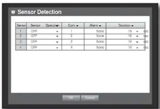 Sensor Detection Sensor Sensor Operation Corn Alarm Duration 1 OFF 1 None 10 800 2 OFF 2 None 10 800 3 OFF 3 None 10 800 4 OFF 4 None 10 800 OK Cancel