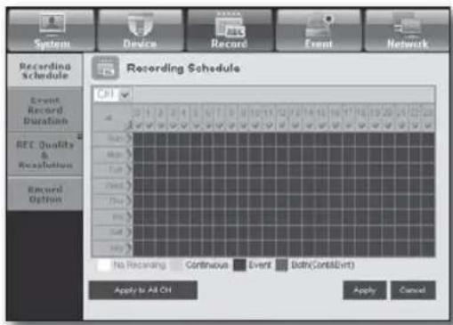 System Device Record Event Network Recording Schedule Event Record Duration REC Quality & Recalculation Record Option Recording Schedule CH No Recording Continuous Event Both(ContdEvt) Apply to All CH Apply Cancel