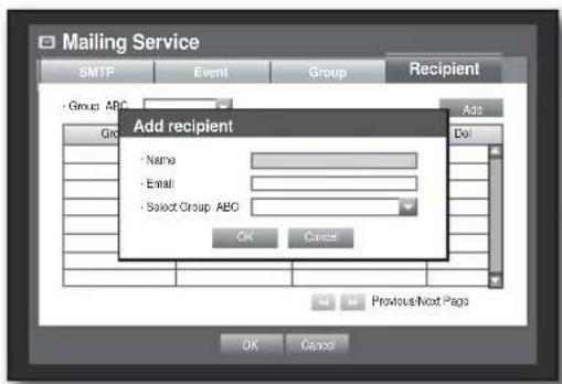 Mailing Service SMTP Event Group Recipient Group ABC Add Name Email Select Group ABC OK Cancel Previous Next Page OK Cancel