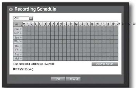 Recording Schedule CH1 All 0 1 2 3 4 5 6 7 8 9 10 11 12 13 14 15 16 17 18 19 20 Sun * Mon * Tue * Wed * Thu * Fri * Sat * Hill * No Recording Continuous Event Apply to All CH BothCont&Event OK Cancel
