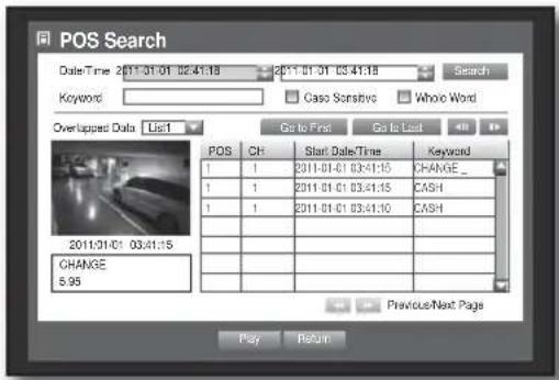 POS Search Date:Time 2011-01-01 02:41:18 2011-01-01 03:41:18 Search Keyword Caso Sensitive Whole Word Overlapped Data List Go to Find Go to Load POS Ch Start Date:Time Keyword 1 1 2011-01-01 03:41:15 CHANGE_ 1 1 2011-01-01 03:41:15 CASH 1 1 2011-01-01 03:41:10 CASH 2011-01-01 03:41:15 CHANGE 5.95 Preview/Next Page Play Return