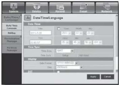 System Device Record Event Network Date/Time/Language Date/Time Date 2011-7-26 2012 35:48:57 Time Time Type: Temp Zone: GMT Time Data: Setup Not Used Display Date Format: VYYY-MM-DD Date: 24 Hours POST Apply Cancel