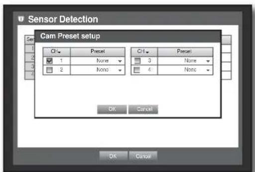 Sensor Detection Cam Preset setup Cl▼ Preset 1 None ▼ 2 None ▼ Cl▼ Preset 3 None ▼ 4 None ▼ OK Cancel OK Cancel