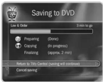 Saving to DVD Law & Order 3 min to go Preparing (Done) Copying (In progress) Finalizing (approx. 2 min) Return to TWO Central (saving will continue) Cancel saving