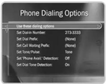 Phone Dialing Options Use these dialing options Set Dial-in Number: 273-3333 Set Dial Prefix: (None) Set Call Waiting Prefix: (None) Set Tone/Pulse: Tone Set 'Phone Avail.' Detection: Off Set Dial Tone Detection: On