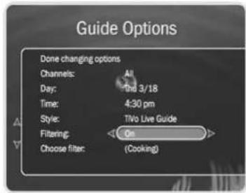 Guide Options Done changing options Channels: All Day: The 3/18 Time: 4:30 pm Style: TVo Live Guide Filtering: On Choose filter: (Cooking)